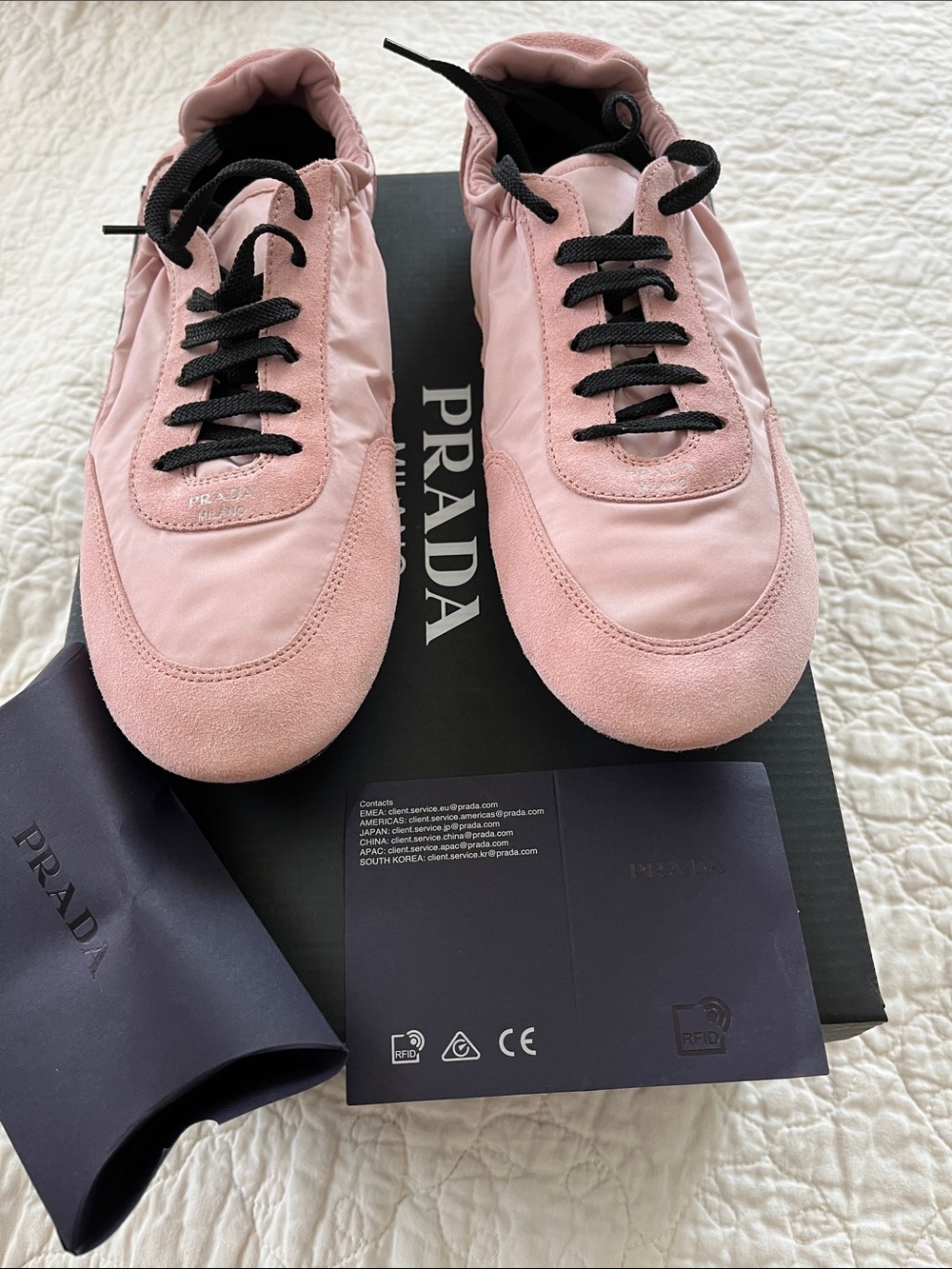 Prada Pink Suede & Nylon Lace-Up Sneakers with Black Laces